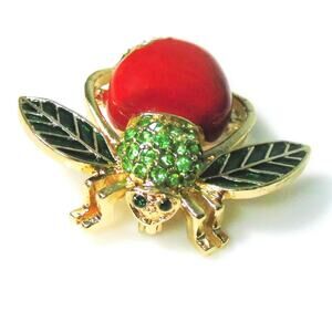 Joan Rivers Apple Bee Brooch Pin Green Crystal Rhinestones Red Enamel Vtg